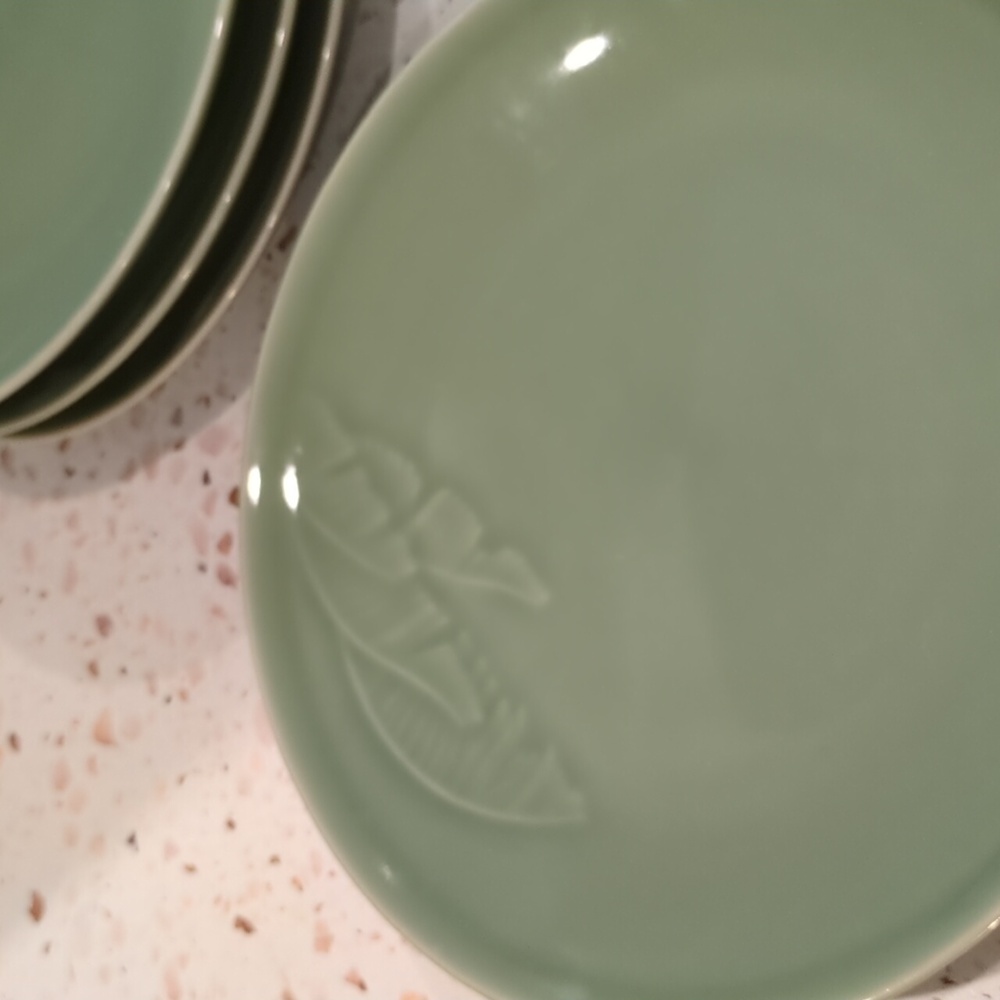Chinese Celadon Porcelain 8.5" Plates Banana Leaf Pattern | Set of 4